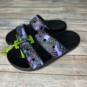 Crocs Classic Slide Sandals Butterfly Black Purple Womens 5 Mens 3